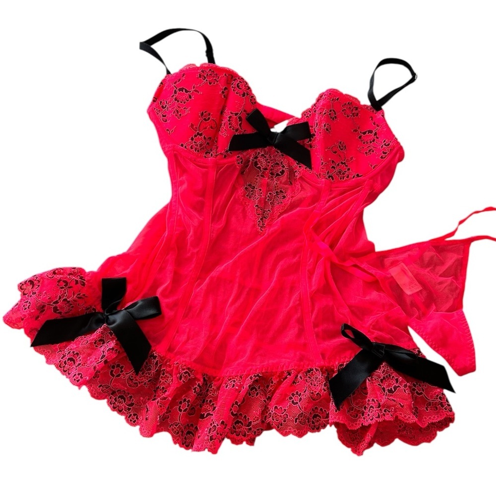 Victoria’s Secret Babydoll Lingerie Set Hot Pink Black Frills Bows size 36 C - Picture 1 of 5